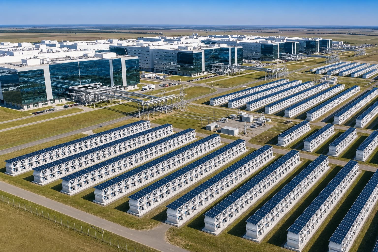 AEROGRID arrays installed beside a data-center campus on land that would otherwise hold solar fields