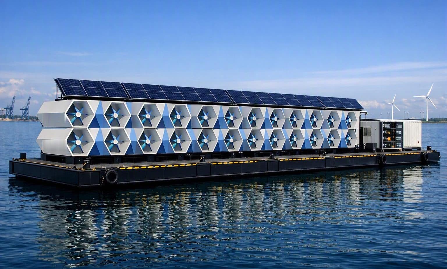 Concept visualization of a floating AEROGRID barge — stacked hexagonal wind units under a solar canopy, moored in a harbour
