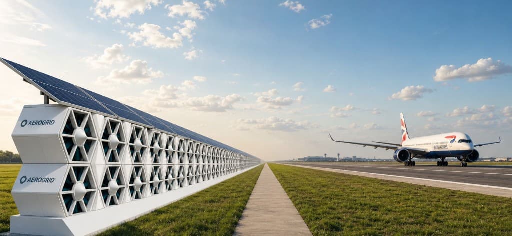 A long AEROGRID array installed alongside an airport runway, with an aircraft taxiing beyond