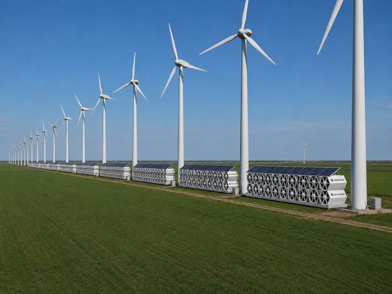 AEROGRID arrays installed beneath an existing row of utility wind turbines, sharing the same land