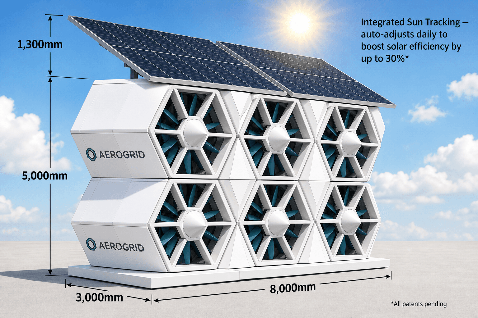 Dimensioned render of a 50kW AEROGRID wind-solar hybrid array, 8,000mm wide and 5,000mm tall