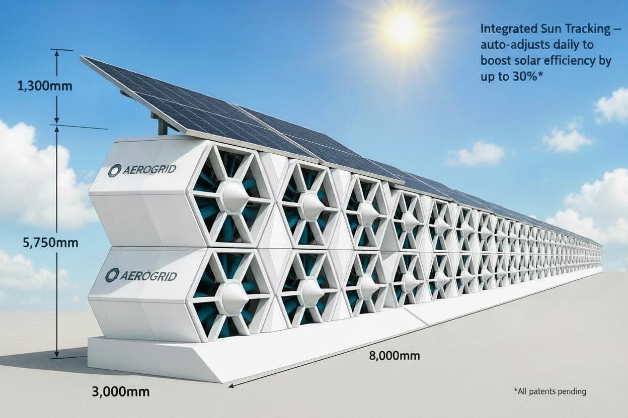 Dimensioned render of an AEROGRID wind-solar hybrid array, 8,000mm wide, 5,000mm tall and 3,000mm deep